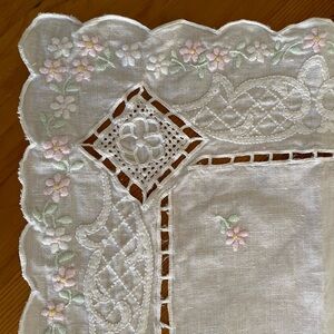 3 for 15$! Elegant White Embroidered Table Mat Pink and Green Flowers.